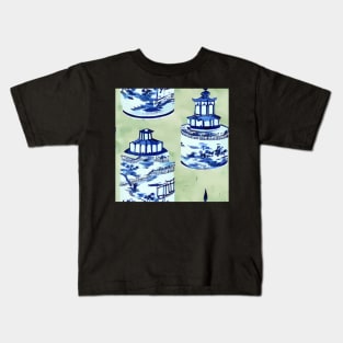 Blue and white chinoiserie jars on sage green Kids T-Shirt